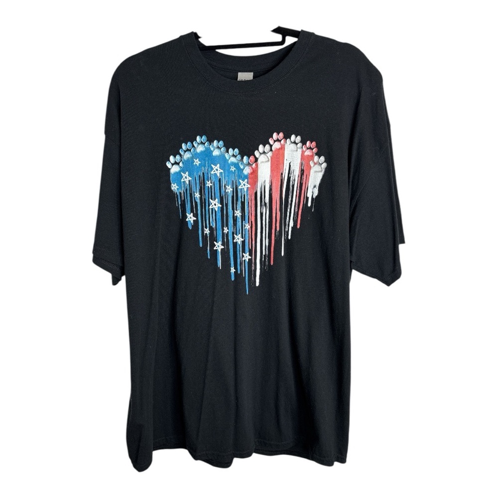 Gildan Black Paw Print American Flag Heart Graphic T-Shirt Size 2XL USA